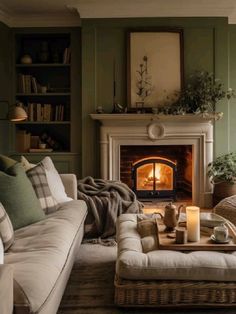 a living room filled with furniture and a fire place next to a fireplace in a green wall