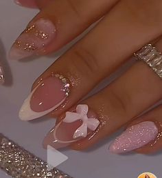 not mine but i want these showing these to my nail artist rnnnn Charm Nails Almond, Hoco Almond Nail Ideas, Xv Pink Nails, Pink Glitter Aesthetic Nails, 15 Birthday Nails Ideas, Hoco Nail Ideas Pink Dress, Pink Quince Nails Short Simple, Almond Nails Designs Medium Length, Hoco Nails Short Almond