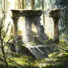 the ruins in the forest are surrounded by trees and bushes, with sunlight streaming through them