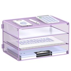 a purple desk with two drawers and a calculator