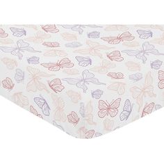 a white sheet with pink and purple butterflies on it