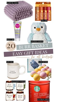 some items that are on top of a white table with the words, 20 gift ideas for