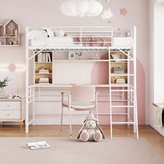 a white bunk bed sitting in a bedroom next to a pink desk and chair on top of a wooden floor