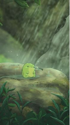 a cartoon character is sitting on a log in the rain