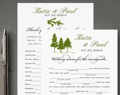 a wedding ceremony program with pine trees on it