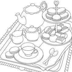 a drawing of a tray with tea and sandwiches on it is shown in black and white