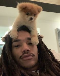 a man with dreadlocks is holding a small dog on his head in front of him