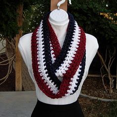 Dark Blue, Dark Red, and White Infinity Cowl Scarf, 68" x 4" x 3/8" Incredibly Soft and Cozy Dark Blue, Dark Red, and Pure White Striped Infinity Scarf hand-crocheted with a high quality acrylic yarn. Because of the cuddly softness, the scarf is incredibly comfortable and feels wonderful against the skin. I would consider this scarf to be a smaller, lightweight winter scarf, but it can be still be quite warm if worn closely around the neck. I used Charisma yarn in three different colors: Dark Bl Crochet Pins, Crochet Womens Scarf, Dog Sweater Crochet Pattern, Winter Crochet, Winter Scarves, Comfy Winter, Hand Knit Scarf, Crochet Afghans, Crochet Clothing