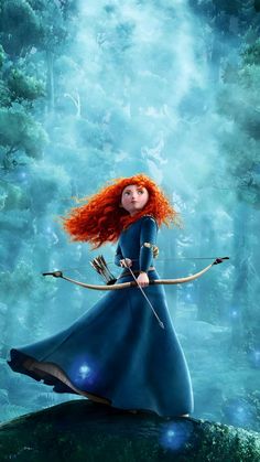 the merida from brave is standing on top of a hill with an arrow in her hand