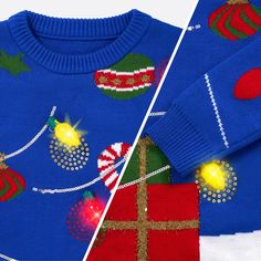 two sweaters with christmas decorations on them, one is blue and the other is red