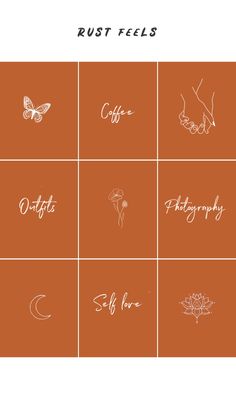 four different types of flowers and the words rust fields on them are drawn in white ink