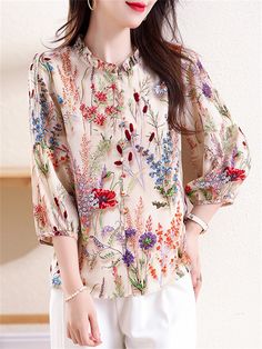 Description Product ID: TP2033567 Material: Satin Fabric, Spandex Pattern: Floral Sleeve: 3/4 Sleeve Closure Type: Pullover Season: Summer Style: Fashion Occasion: Daily, Office, Gifts Package included: 1 * Shirt Size Chart(Asian Size): Please allow 1-3 cm measured error. Size Length Chest Shoulder Sleeve Length M 59cm | 23.2 in 98cm | 38.6 in 37cm | 14.6 in 42.5cm | 16.7 in L 60cm | 23.6 in 102cm | 40.2 in 38cm | 15.0 in 43cm | 16.9 in XL 61cm | 24.0 in 106cm | 41.7 in 39cm | 15.4 in 43.5cm | 17.1 in XXL 62cm | 24.4 in 110cm | 43.3 in 40cm | 15.7 in 44cm | 17.3 in 3XL 63cm | 24.8 in 114cm | 44.9 in 41cm | 16.1 in 44.5cm | 17.5 in 3/4 Sleeve Shirt With Floral Print For Spring, Summer Floral Print Shirt With 3/4 Sleeves, Floral Print Half Sleeve Shirt For Spring, Floral Print Shirt With 3/4 Sleeve For Spring, Multicolor 3/4 Sleeve Shirt For Summer, Floral Sleeve, Ruffle Collar, Lantern Sleeve, Pattern Floral