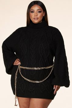 Turtleneck cable knit sweater dress features a relaxed bodice and fitted bottom, ribbed cuff bishop sleeves, and is completed with a chunky gold chain belt with an L pendant. PRODUCT DETAILS Slip-on 100% Acrylic Plus Size Turtleneck, Knit Black Sweater, Black Turtleneck Sweater Dress, Gold Chain Belt, Chunky Gold Chain, Black Turtleneck Sweater, Cable Knit Sweater Dress, Cozy Dress, Cable Knit Turtleneck Sweater