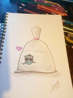 a drawing of a bag with an eyeball on it's face and eyes