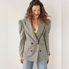 New Brand It’s Was A Gift Size Xs-S Spring Gingham Blazer With Long Sleeves, Chic Houndstooth Outerwear For Spring, Chic Gingham Fitted Outerwear, Chic Fitted Gingham Outerwear, Spring Gingham Outerwear For Work, Spring Gingham Blazer For Workwear, Spring Gingham Long Sleeve Outerwear, Chic Gingham Outerwear For Fall, Fitted Gingham Blazer For Fall