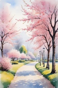 a painting of a park with trees and flowers on the side of the road that is painted in pastel colors