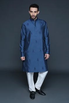 Shop for Sanjev Marwaaha Blue Cotton Silk Flower Hand Embroidered Kurta And Pant Set for Men Online at Aza Fashions Motif Flower, Straight Fit Pants, Embroidery Floral, Kurta With Pants, Silk Flower, Full Sleeves, Floral Motifs, Pant Set, Cotton Silk