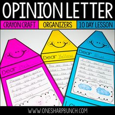 three triangular shaped writing paper with the words opinion letter written on it and an image of two