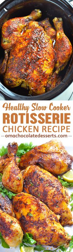 chicken in a slow cooker with lettuce on the side and text overlay that reads healthy slow cooker rotissee chicken recipe