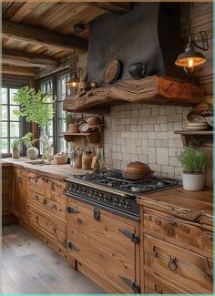 a kitchen with wooden cabinets and an old fashioned stove top oven in the middle of it