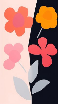 an abstract painting with flowers and leaves on black background, in pink, orange, and grey colors