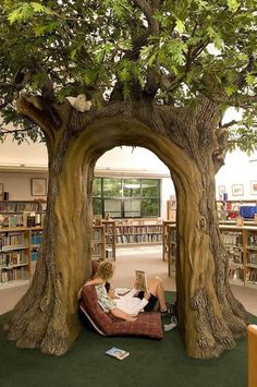 two people sitting on a couch under a tree in a library with bookshelves