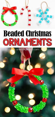 These beaded Christmas ornaments are SO PRETTY and really easy to make! Use pipe cleaners and beads to make these kid friendly DIY ornaments at school or home. Follow our tutorial to make wreath, candy cane, and snowflake tri-bead ornaments. They look so pretty hanging on the Christmas tree! Bead And Pipe Cleaner Ornaments, Christmas Ornament Diy For Kids, Christmas Crafts Candy Canes, Pipe Cleaner Wreath Ornament, Beaded Christmas Ornaments Diy Tutorials, Tri Beads Crafts Projects, Christmas Diy Ornaments For Kids, Bead Christmas Ornaments Diy, Christmas Beads Ideas