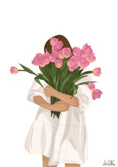 a woman holding a bunch of pink flowers in her arms and hugging her face with both hands