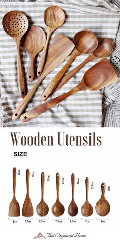 wooden utensils are shown with measurements for each spoon and measuring spoons in different sizes