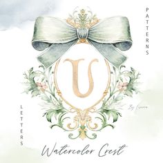 the letter u is painted in watercolor and has a bow around it's neck