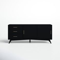 a black cabinet with three drawers and two doors on each side, in front of a white background