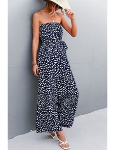 Navy Blue Leopard Print Lace-up Strapless Jumpsuit Casual Blue High Waist Strapless Jumpsuit, Casual Blue High-waisted Strapless Jumpsuit, Blue High Waist Strapless Jumpsuit For Summer, Casual Strapless Jumpsuits And Rompers For Beach Season, Casual Blue Strapless Jumpsuits And Rompers, Chic Blue High-waist Strapless Jumpsuit, Chic Off-shoulder Blue Jumpsuit, Blue Strapless Jumpsuit For Summer, Blue Strapless Jumpsuit For Summer Day Out