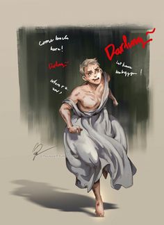 a drawing of a man in a bathrobe with words written on the side