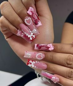 Girly Pink Nails, Press On Nails Long, Long Square Nails, Hard Nails, Long Nail Designs, Grunge Nails, Girly Acrylic Nails, Unique Acrylic Nails, Bling Acrylic Nails