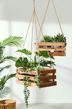 hanging planters made from wooden pallets with plants in them