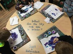 three children are sitting at a table painting with watercolors on paper and writing what does the sky look like in winter?