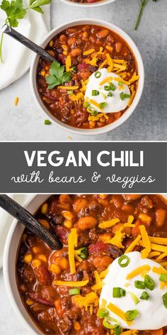 two bowls of vegan chili with beans and veggies