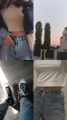 two pictures, one showing a woman's crop top and the other shows her jeans