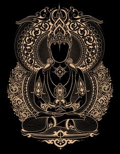 a buddha statue sitting in the middle of a black and gold background with intricate designs