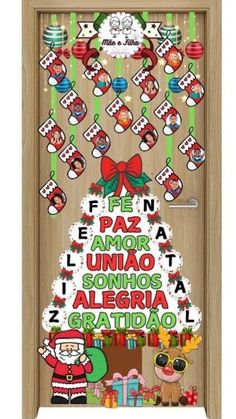 a door decorated with christmas decorations and santa's stockings on the front, in spanish