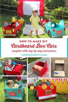 the instructions for how to make a cardboard box car with pictures on it and text overlay