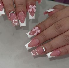 Cute Pink Nails With Bows, Pink Grad Nail, Feb Nails Valentines Day French Tip, Cute Bow Nail Designs, Nail Ideas Acrylic Birthday, Valentines Day Inspired Nails, Cute Nail Inspo Coquette, Pink Nails Aesthetic Coquette, Almond Nails Designs With Bows