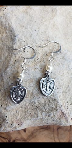 Miraculous Medal Earrings Catholic Earrings, Catholic Medals, Saints Medals, Miraculous Medal, Swarovski Pearls, Our Lady, Houston Tx, Houston, Etsy Earrings