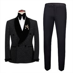 Edward Shawl Lapel Double Breasted Sparkle Black Custom Made Wedding Suits | Allaboutsuit Black Tuxedo For Groom Festive Occasion, Black Tuxedo Set For Winter, Festive Black Tuxedo For Groom, Black Fitted Double Breasted Suit For Party, Fitted Black Double Breasted Suit For Party, Black Notch Lapel Sets For Winter, Fitted Long Sleeve Set For Black-tie Events, Slim Fit Formal Sets For Winter, Winter Black Tie Tuxedo Suits