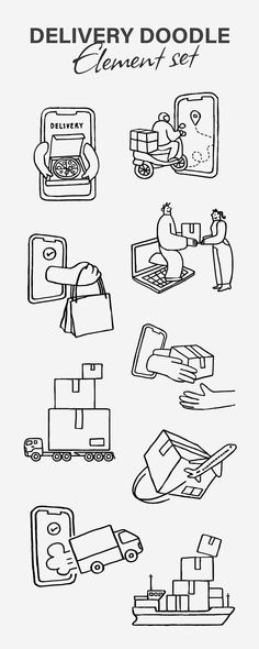 a black and white drawing of different types of items that are in the shape of boxes