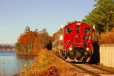 a red train traveling down tracks next to a body of water with trees in the background