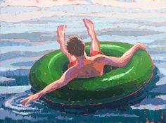 a painting of a man floating on an inflatable tube with his arms up