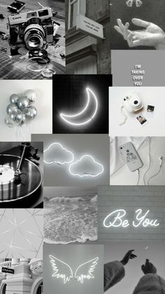 black and white collage with words, pictures, and images in the same style