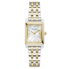 This sleek Sutton women's watch from Bulova features a 21mm two-tone stainless steel case and bracelet with a white mother-of-pearl dial featuring gold-tone hands and markers. Additional features of the watch include a domed mineral crystal, push button deployment clasp and water resistance to 30 meters. Bulova Watches, Square Faces, Skagen, Toned Body, Two Tone Watch, Women's Watch, White Dial, Stainless Steel Watch, Minerals Crystals