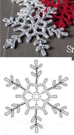 crocheted snowflakes are shown in two different colors and the same size